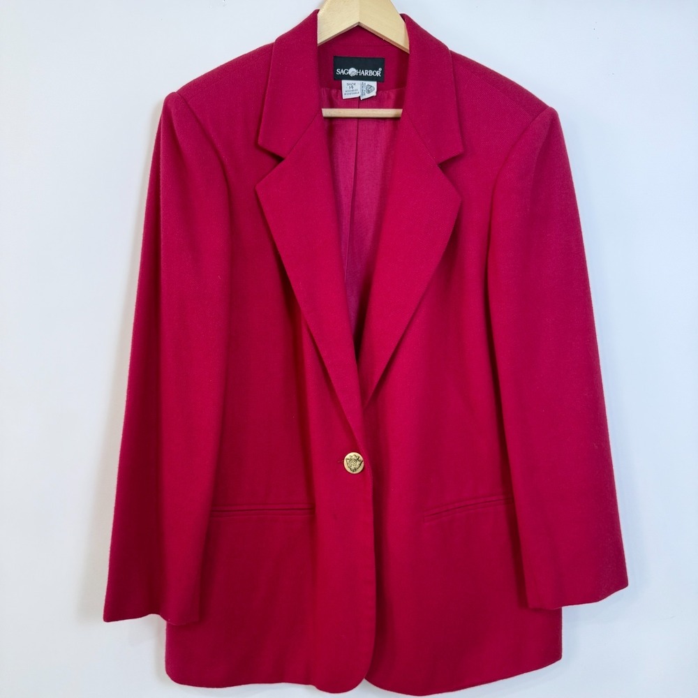 Vintage Sag Harbor Wool Blazer‎ Jacket Size 14 Red Gold Crest Button